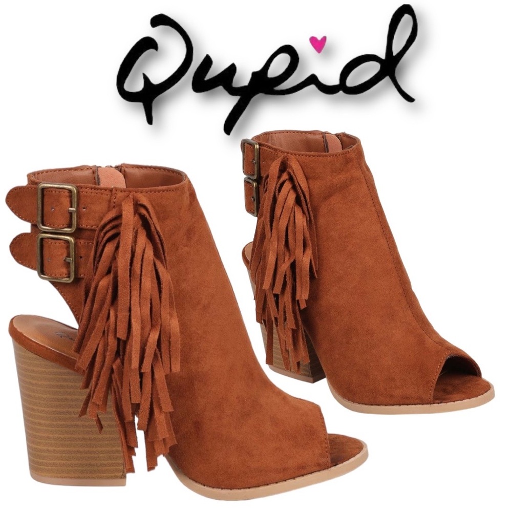 Qupid Womens Suede Fringe Open Toe Ankle Boots Size 8 Block Heel/Buckle